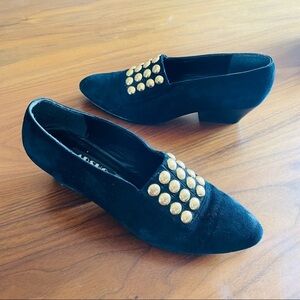 Arsho for Stuart Weitzman Vintage Black Suede Gold Dot Heel Booties